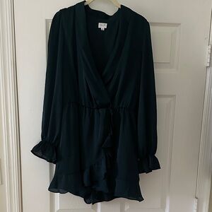 Le Lis Turquoise Ruffle-Trim Long Sleeve Romper